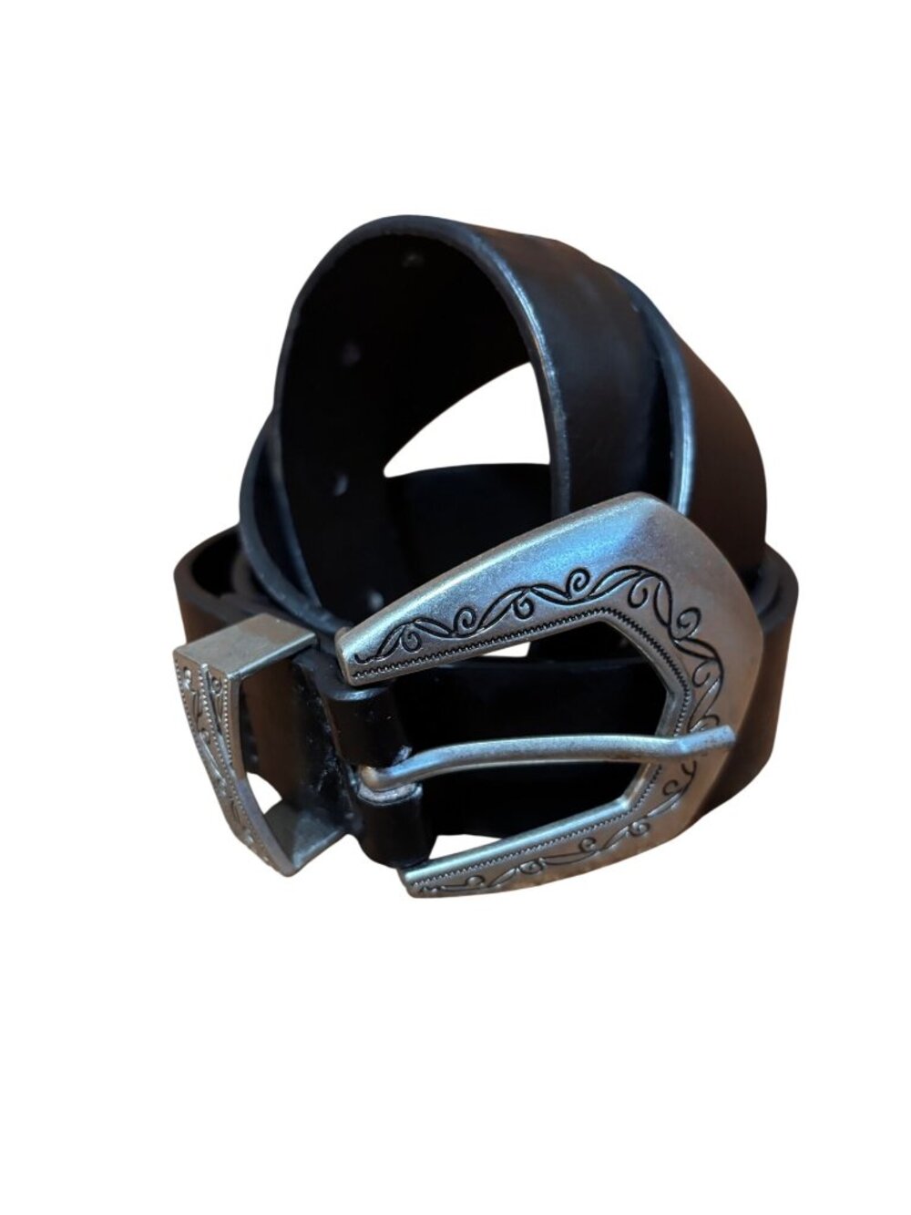 Western-Style Black Leather Belt With Engraved Silver Buckle M/L